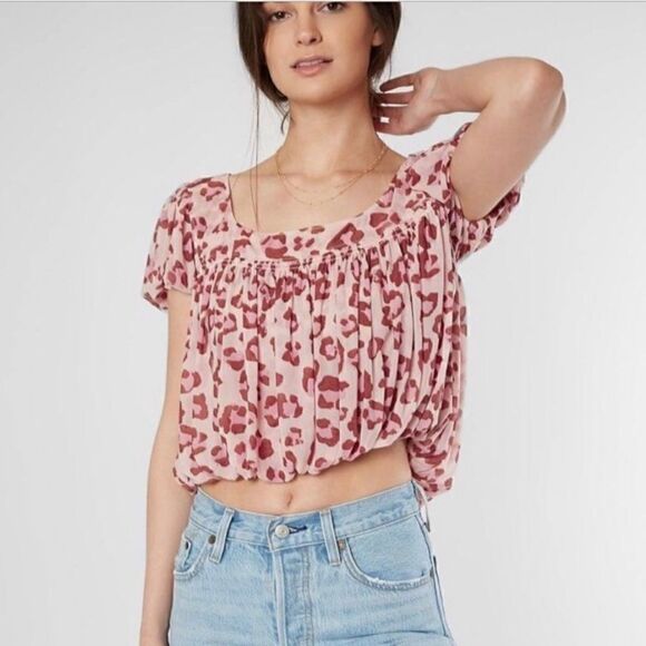 Free People Meg Leopard Print Blouse Pink Blush - Picture 9 of 10